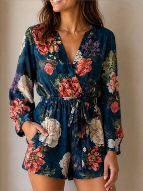 Zara Floral Romper XS Blue Teal Long Sleeve Deep V Open Back Boho